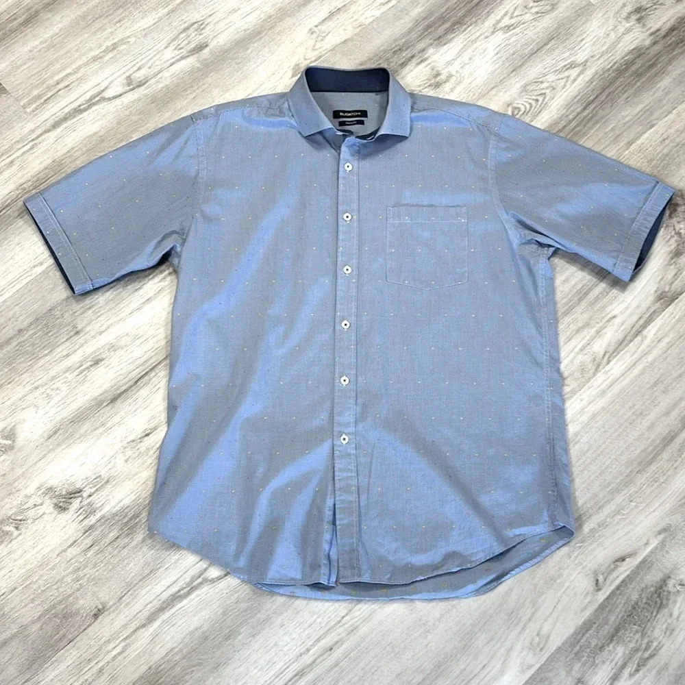 Bugatchi Men’s Classic Fit Plaid Embroidered Swiss Dot SS Button Down Shirt / L